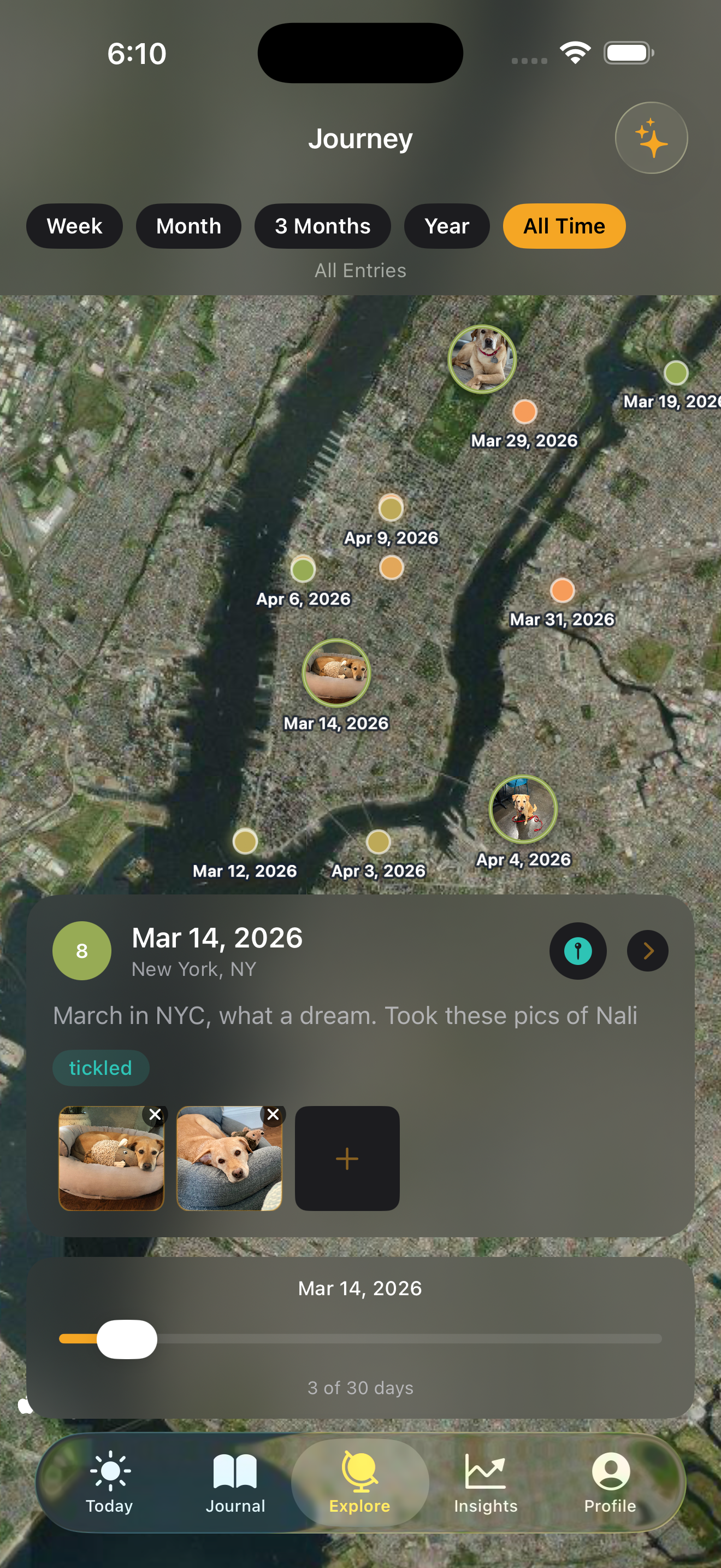 Journey map with color-coded mood pins
