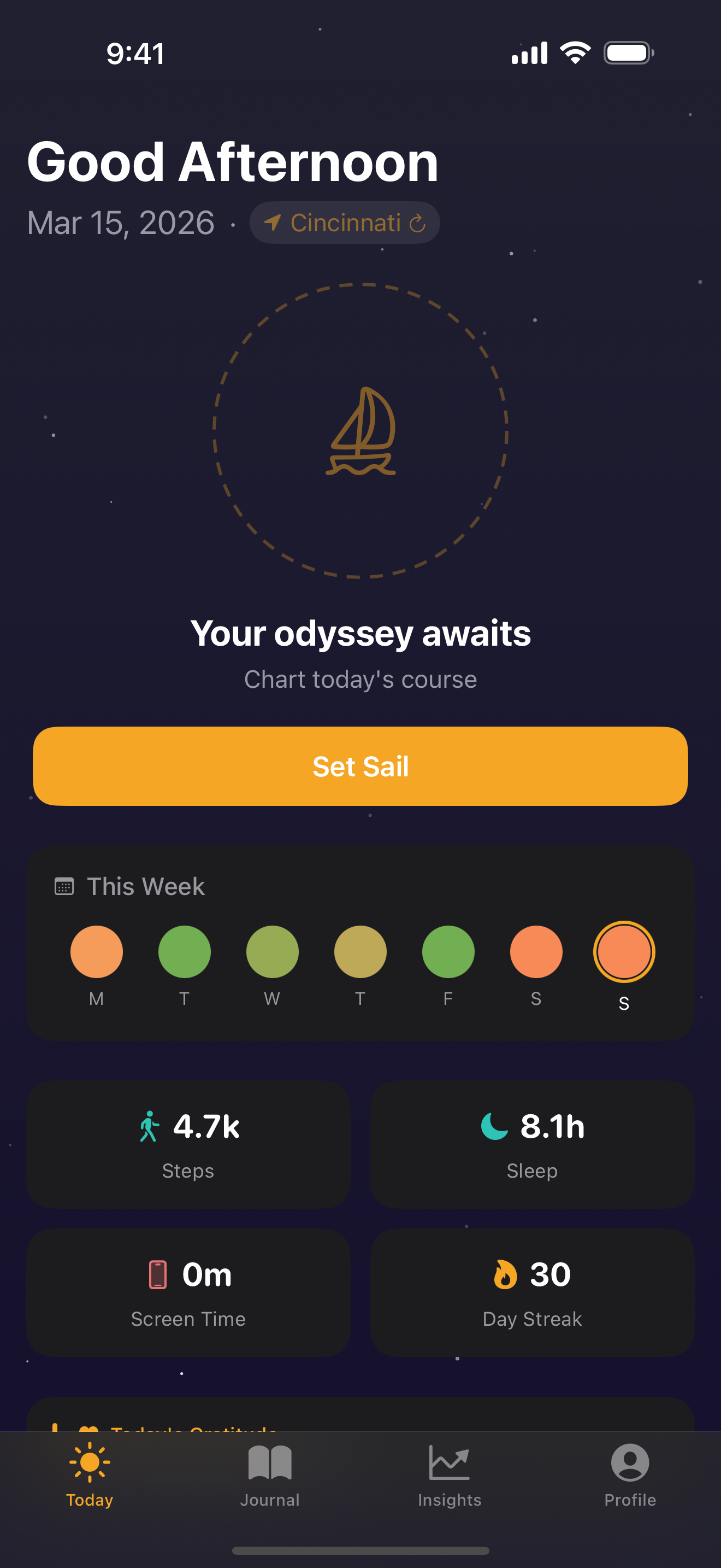 Today tab with daily greeting and health stats